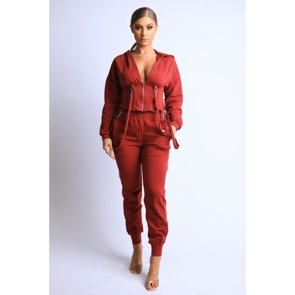 Women's Long Sleeve Zip-Up Strappy Terry Casual Hoodie Two-Piece Set Super Cute - Picture 2 of 12